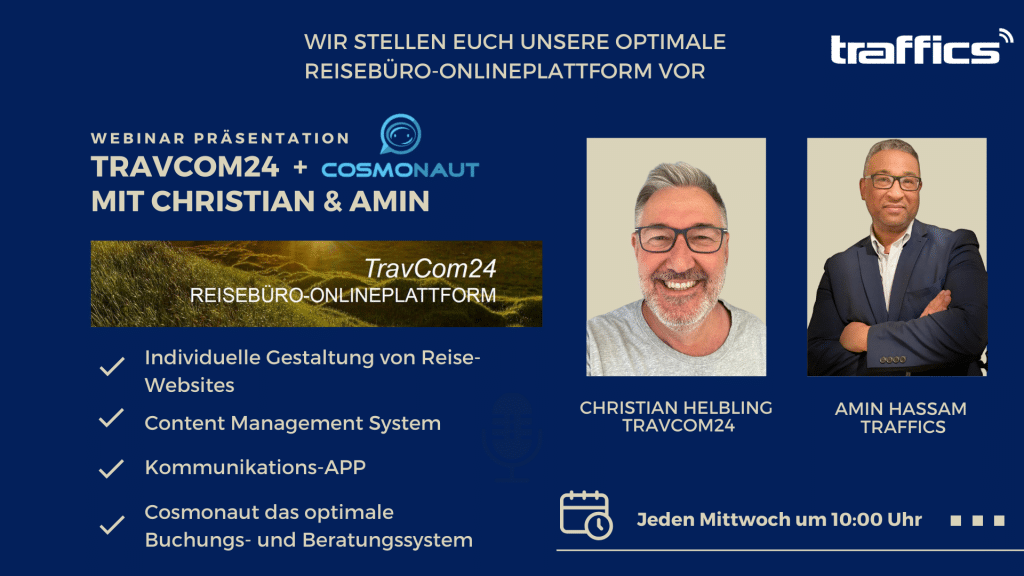 Neues Webinar jeden Mittwoch um 10:00 Uhr - Travcom 24 deine optimale Reisebüro Onlineplattform