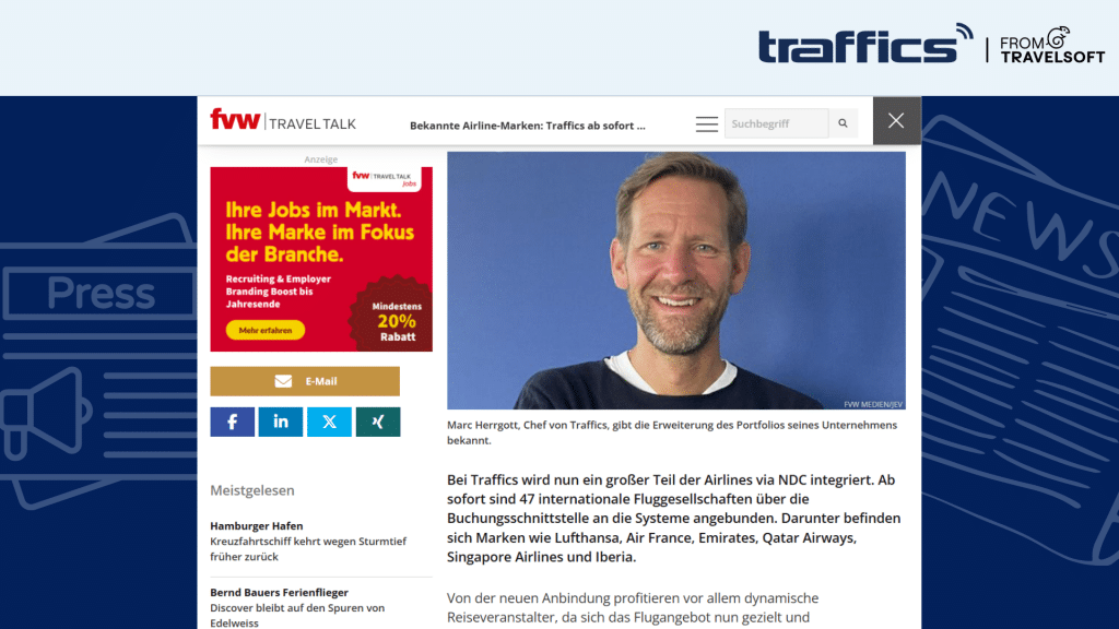 47 NDC-Anbindungen auf einen Schlag: traffics erweitert eigenes Airline-Portfolio
